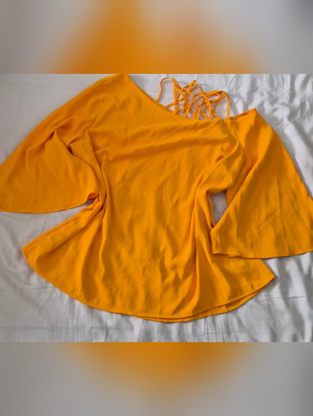 New York & Company Bright Yellow Flared Sleeve Blouse with Lattice Off Shoulder